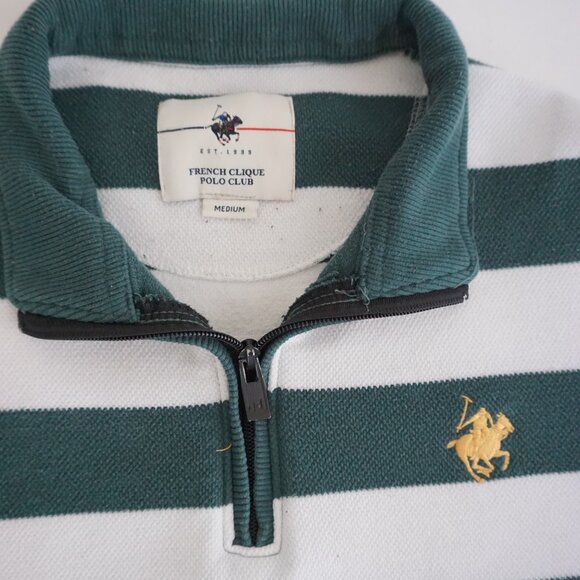 French Clique Polo Club Green White Rugby Stripe Quarter Zip Preppy Pullover M - Picture 9 of 9